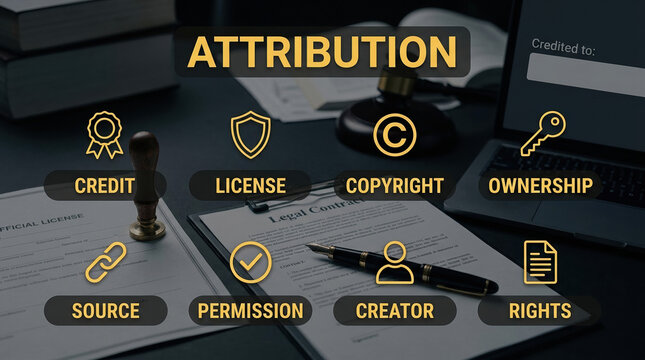 Attribution and copyright law concept, legal ownership and licensing icons on office desk, intellectual property rights and digital asset protection