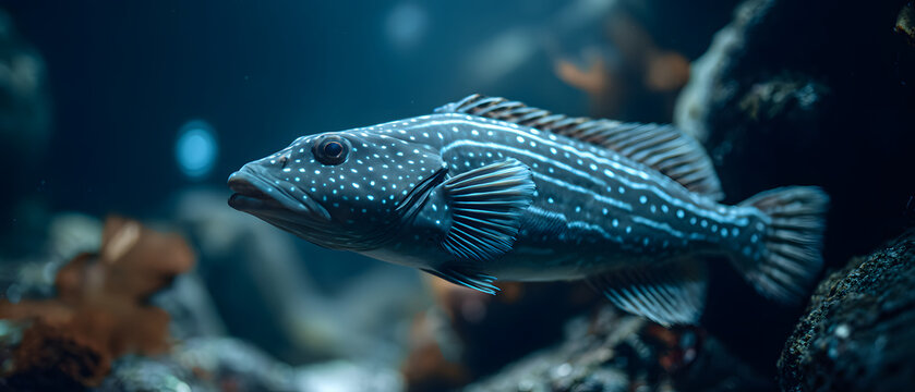 A large, elongated, flat fish, gray-blue with white spots, swims in an aquarium among rocks. Background illustration of animals in an aquarium.