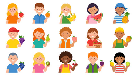 Fototapeta premium Children Holding Fruits, Healthy Eating, Kids and Nutrition, Flat Vector Art