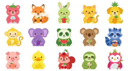 Fototapeta premium Cute cartoon animals holding fruits, flat vector illustration, food icons