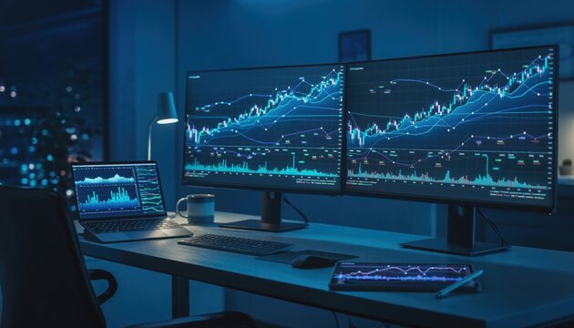 Blue digital stock market graph with candlestick patterns on dark background