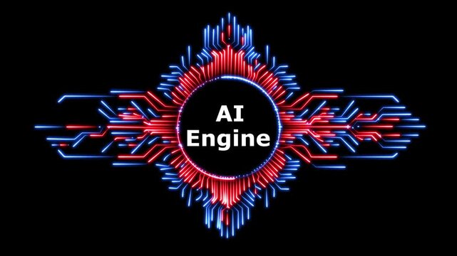 Ai engine animation with glowing neon light circuits, digital technology background.