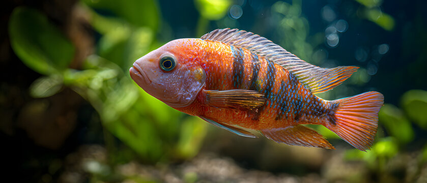 A large red and black cichlid fish, which is in an aquarium. Background illustration of animals in an aquarium.
