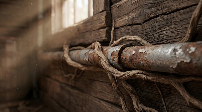 An old rusty pipe entwined with vines, suggesting abandonment and the persistent power of nature