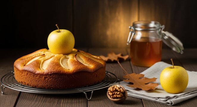 Freshly baked apple cake on a wire rack with whole apples, a jar of honey, and walnuts