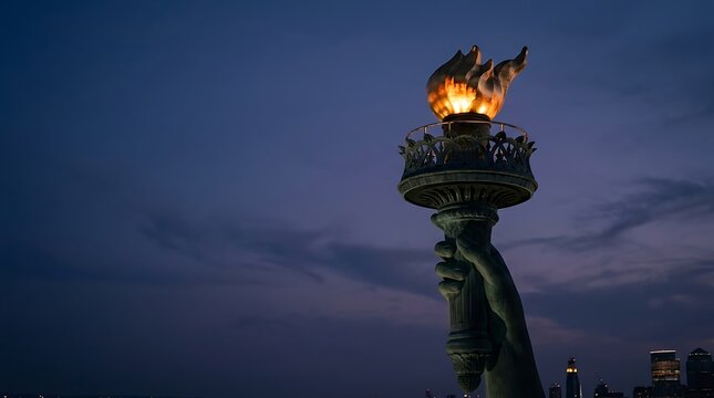 Hand holding a glowing torch against a dark twilight sky