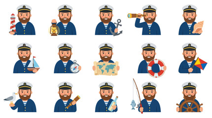 Fototapeta premium Flat Design Nautical Sailor Character Avatars Set with Maritime Icons for Sea Travel Vector Illustration