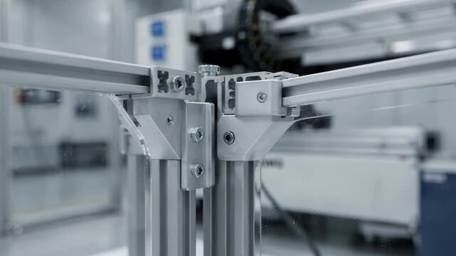 Close medium view of cleanroomgrade Tslot aluminum extrusions forming a protective machine guard highlighting precision engineering and modular customization
