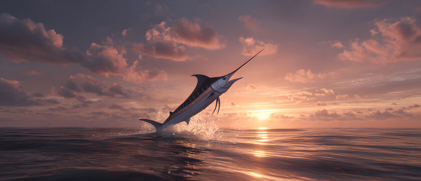A majestic marlin fish leaps out of the water, against the backdrop of an orange sunset. Sea animal background illustration.