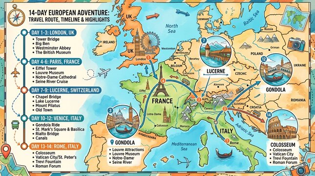 Fourteen day European adventure travel route and highlights map.