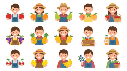 Fototapeta premium Flat Vector Farmers Holding Fresh Fruits and Vegetables, Agricultural Icons