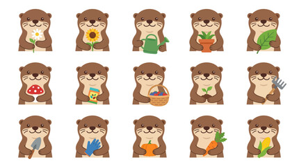 Fototapeta premium Cute Otters Holding Garden Items, Vegetables, and Flowers Flat Illustration