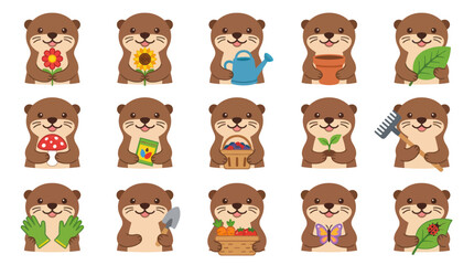 Obraz premium Cute Flat Cartoon Otters Gardening Illustration Set. Adorable Animal Characters with Plants and Garden Tools.