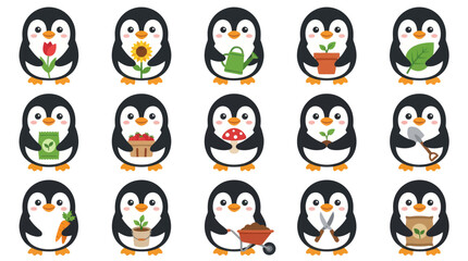 Fototapeta premium Cute Flat Cartoon Penguin Icons Collection for Gardening, Nature, and Spring Activities Vector Illustration