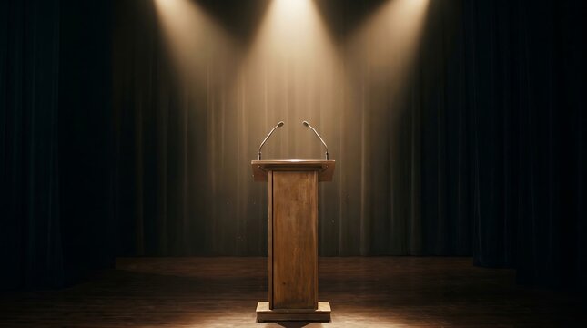 Wooden lectern on a dark theater stage under bright spotlights