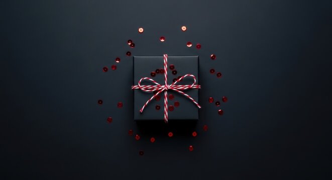 Black gift box with red ribbon and sequins on a dark background