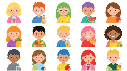 Fototapeta premium Diverse Kids Eating Healthy Fruits and Drinks - Flat Cartoon Vector Illustration for Childhood Nutrition