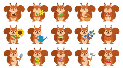 Obraz premium Cute Squirrels with Flowers, Acorns, Basket, Watering Can, Rake, Berries