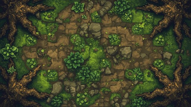 top-down view of fantasy forest ground tiles with moss and tree roots in game design
