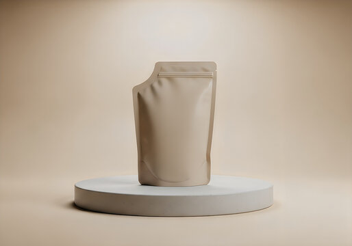Beige stand up pouch on white pedestal