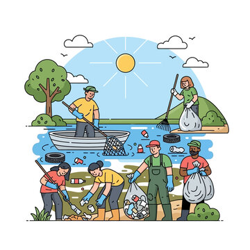 Volunteers cleaning environment, removing waste, charity vector illustration
