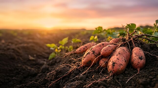 Freshly harvested sweet potatoes in a field at sunset