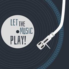 Black and white with vinyl record and turntable needle, text "let the music play © CreativeNest