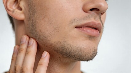 Naklejka premium Closeup portrait of young man touching jawline, male grooming and skincare routine, facial hair care concept, beauty and hygiene lifestyle image for health or cosmetic products