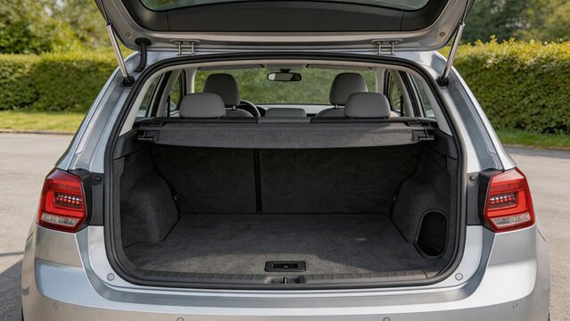 Rear view of silver hatchback car with open trunk showing empty cargo space, parcel shelf, interior details, tailgate, and luggage compartment ready for loading bags or groceries,