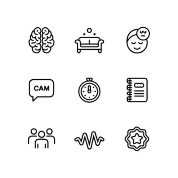 Mental health and psychology line icons, set of 9 therapy vector symbols, brain and wellness outline graphics for counseling