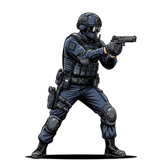Fototapeta premium Tactical Soldier Aiming Gun - Illustration on White Background