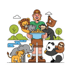 Fototapeta premium Zookeeper feeding animals: cartoon illustration of wild creatures enjoying treats.