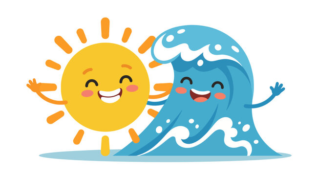 Smiling sun and happy ocean wave character best friends