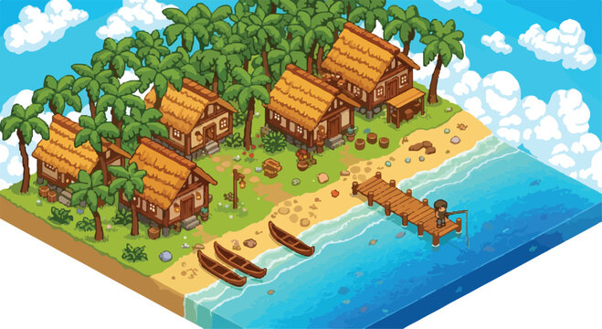 Isometric tropical island village with pixel art houses, beach resort landscape with palm trees and ocean pier, retro game background vector