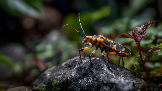 An orange and black beetle perched on a rock in the forest. Illustration of an insect animal background.