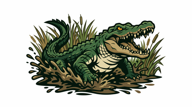 Angry crocodile with open jaws in muddy swamp water