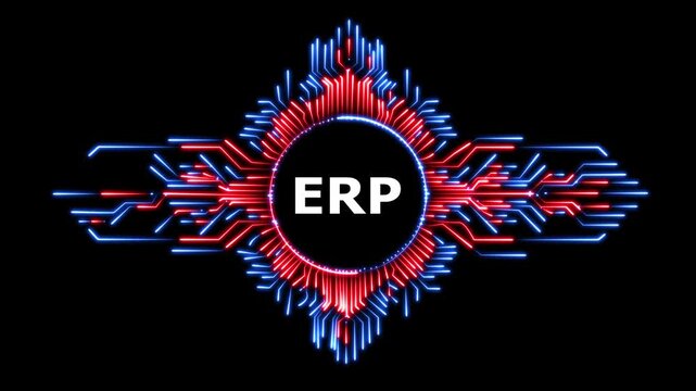 Enterprise resource planning erp system with neon light glowing circuit board animation.