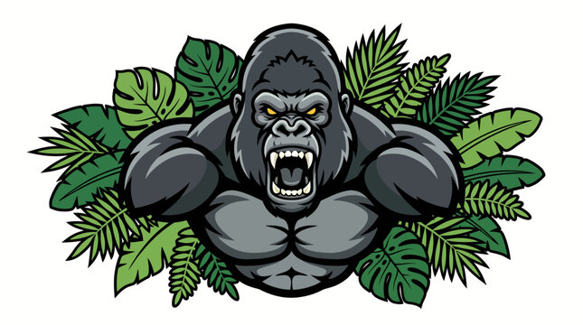 Fierce gorilla mascot peeking through tropical jungle leaves