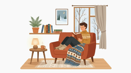 Fototapeta premium Cozy Winter Reading Nook: A person enjoys a quiet moment reading a book, nestled comfortably on a sofa with a warm blanket and a mug of hot drink, while snow falls gently outside the window.