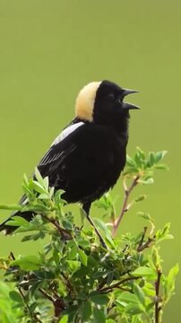 Bobolink Bird Perched on Green Bush with Soft Background