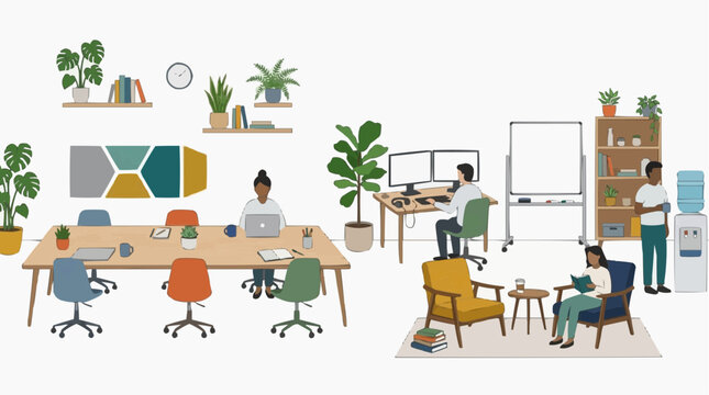 Modern Office Ecosystem: A vibrant, collaborative workspace designed for productivity and well-being, featuring flexible seating, plant-filled areas, and distinct zones for meetings, focused work.