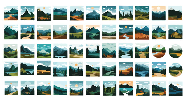 Flat mountain landscape illustrations, 53 nature scenery vector icons, wilderness outdoor adventure scenes with pine forest and peaks