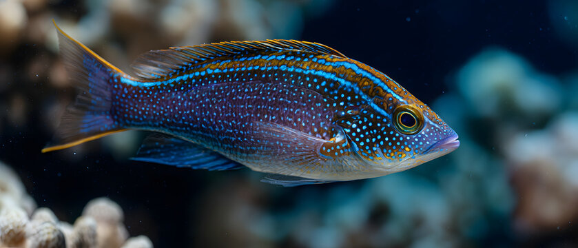 A fish swims in the dark sea, surrounded by coral reefs. An illustration of an aquatic animal against a background.