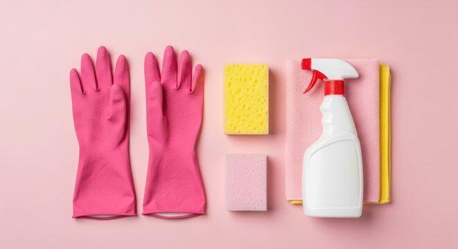 Cleaning supplies including pink rubber gloves, sponges, a spray bottle, and microfiber cloths arranged on a pink background