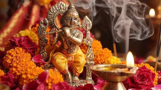 Lord krishna idol playing flute among orange flowers and incense smoke in a warm devotional temple setting.