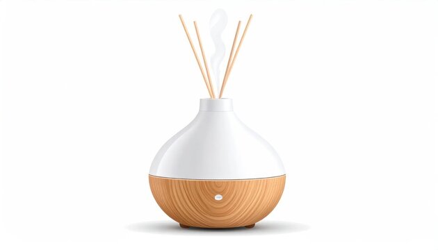 Modern ultrasonic aroma diffuser with wooden base and sticks.