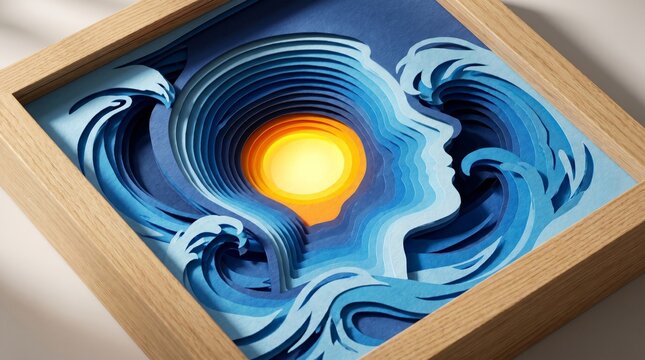 An intricate multi-layered paper-cut art piece inside a wooden shadowbox frame, depicting a human profile silhouette merging with ocean waves and a glowing sun to symbolize inner peace and mental clar
