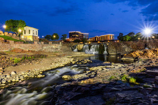 Sioux Falls Waterfall City Skyline at Blue Hour Night