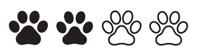 Four paw prints and footprints icons solid and outline on transparent background. © Sen