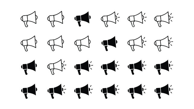 A collection of black and white megaphones with sound waves are illustrated